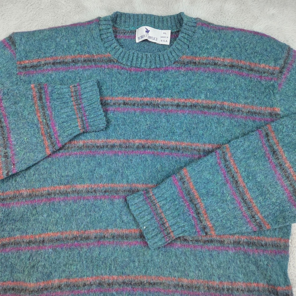 Robert Bruce Wool Striped Crewneck Sweater Men XL Vintage Made in USA Teal Green